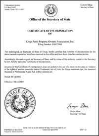 Kings Point Property Owners Association Canyon Lake Texas Certificate Articles Of Incorporation
